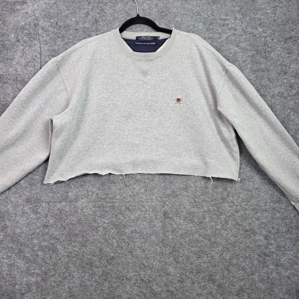 Tommy Hilfiger Gray Cropped Sweatshirt Crest Logo Raw Hem XL Womens